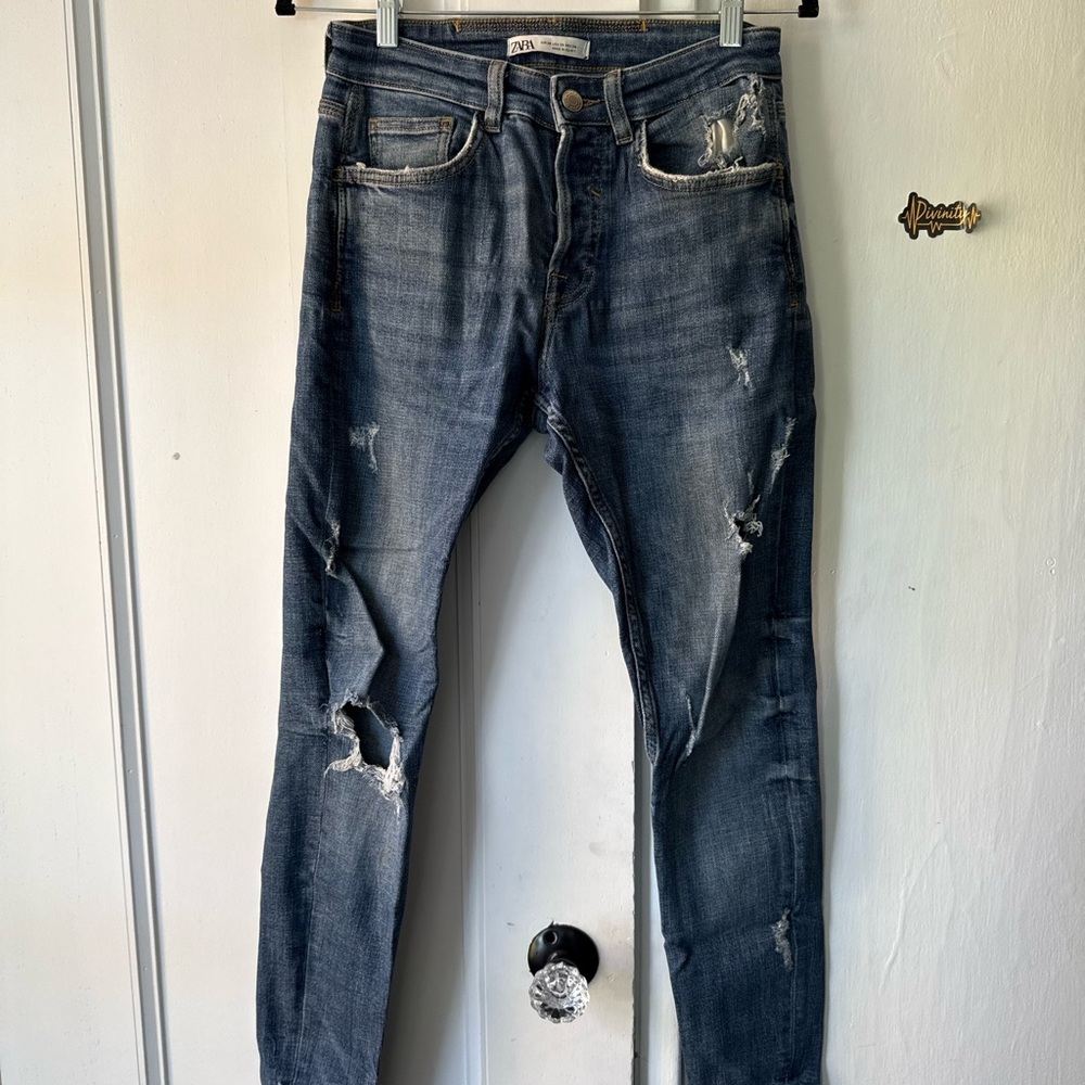 ZARA Men’s Distressed Skinny Jeans - Dark Blue Wash